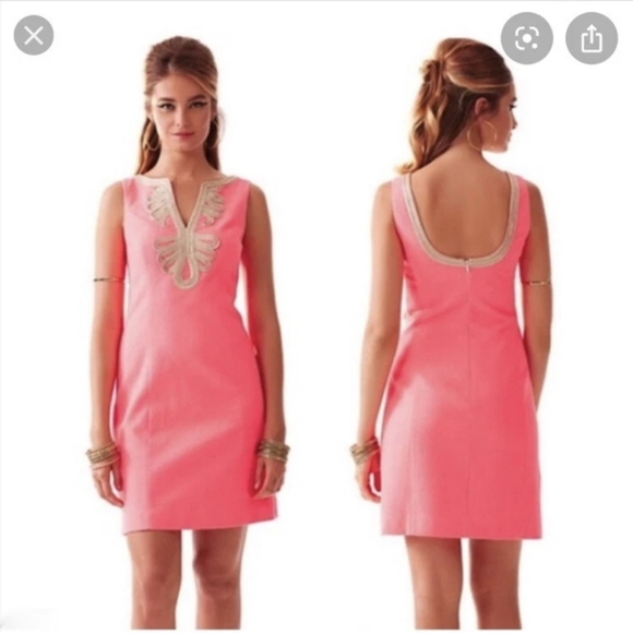 Lilly Pulitzer Dresses & Skirts - Lilly Pulitzer Janice Shift Dress Coral Reef Pink with Metallic Gold Embroidery.